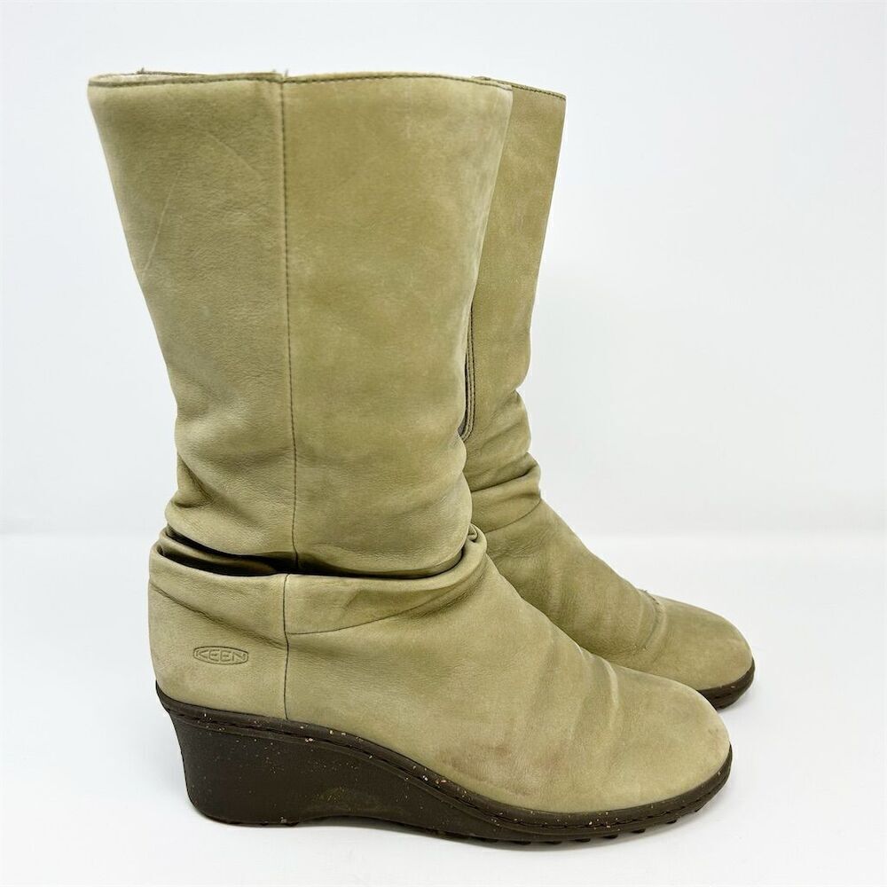 KEEN Women's Taupe Suede Wedge Boots Size 9.5 Mid-Calf Slouchy Design
